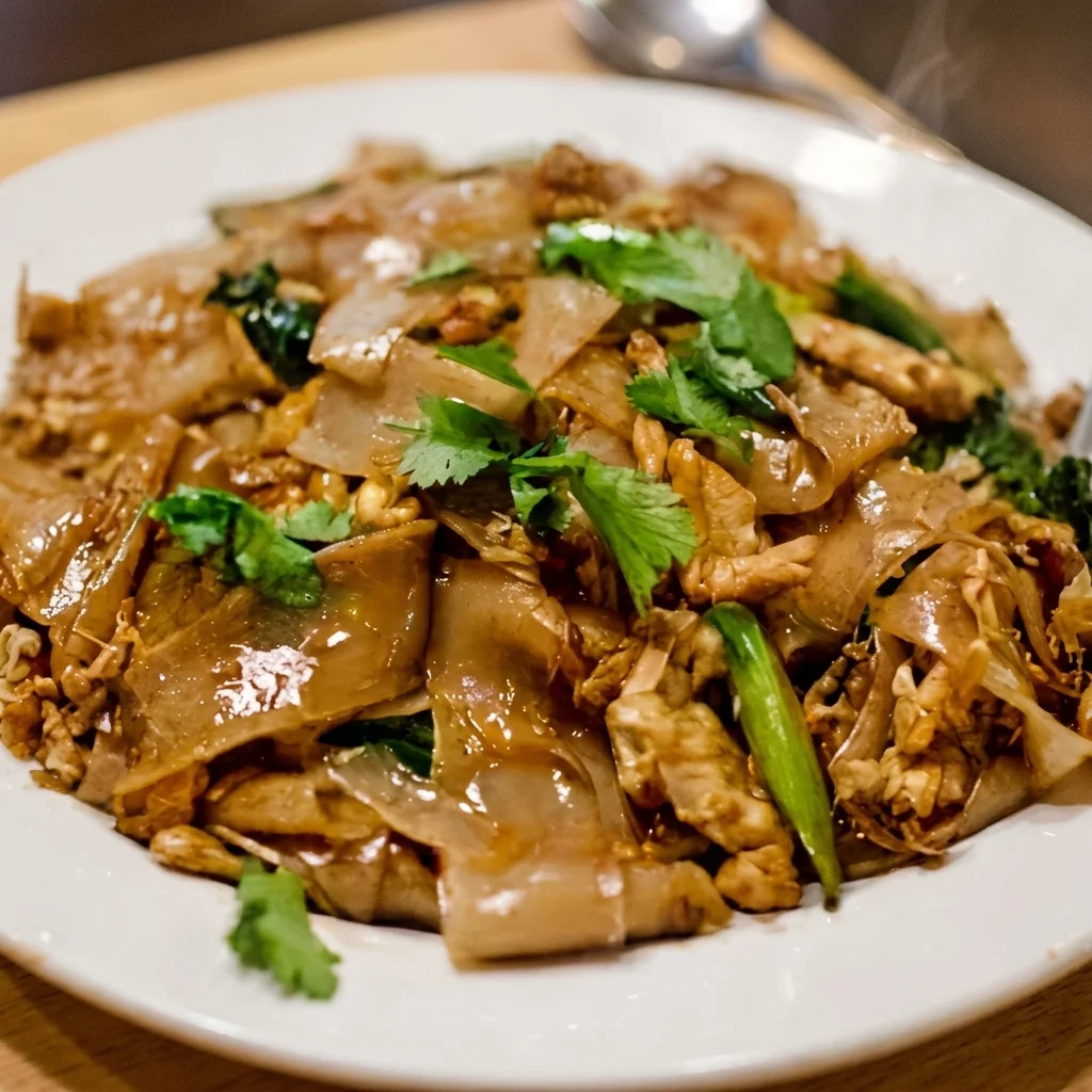 Pad see yue wide rice noodles seared with egg and greens at Tom Yum Thai Restaurant in Winnipeg, MB